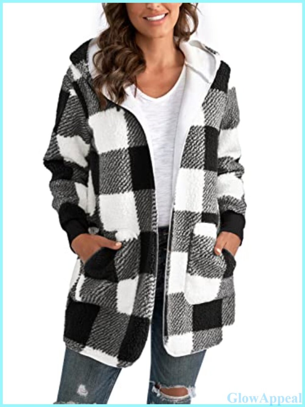Oversized Sherpa Fleece Hooded Cardigan Jacket Open Front Pockets